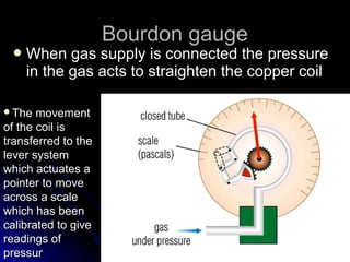 Bourdon gaugeBourdon gauge
 When gas supply is connected the pressureWhen gas supply is connected the pressure
in the gas acts to straighten the copper coilin the gas acts to straighten the copper coil
The movementThe movement
of the coil isof the coil is
transferred to thetransferred to the
lever systemlever system
which actuates awhich actuates a
pointer to movepointer to move
across a scaleacross a scale
which has beenwhich has been
calibrated to givecalibrated to give
readings ofreadings of
pressurpressur
 