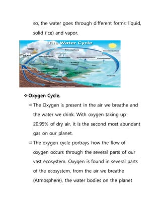 so, the water goes through different forms: liquid,
solid (ice) and vapor.
Oxygen Cycle.
The Oxygen is present in the air we breathe and
the water we drink. With oxygen taking up
20.95% of dry air, it is the second most abundant
gas on our planet.
The oxygen cycle portrays how the flow of
oxygen occurs through the several parts of our
vast ecosystem. Oxygen is found in several parts
of the ecosystem, from the air we breathe
(Atmosphere), the water bodies on the planet
 