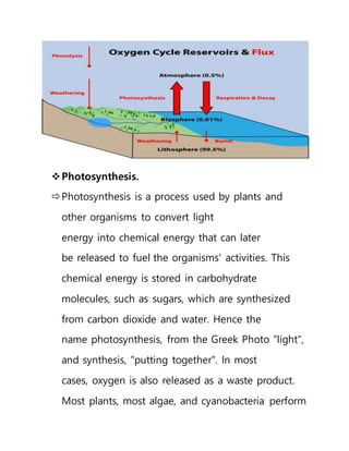 Photosynthesis.
Photosynthesis is a process used by plants and
other organisms to convert light
energy into chemical energy that can later
be released to fuel the organisms' activities. This
chemical energy is stored in carbohydrate
molecules, such as sugars, which are synthesized
from carbon dioxide and water. Hence the
name photosynthesis, from the Greek Photo "light",
and synthesis, "putting together". In most
cases, oxygen is also released as a waste product.
Most plants, most algae, and cyanobacteria perform
 