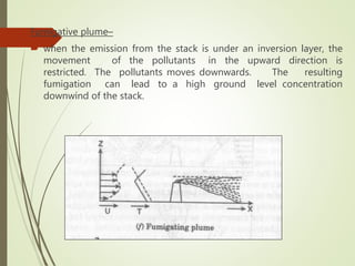 Fumigative plume–
 when the emission from the stack is under an inversion layer, the
movement of the pollutants in the upward direction is
restricted. The pollutants moves downwards. The resulting
fumigation can lead to a high ground level concentration
downwind of the stack.
 