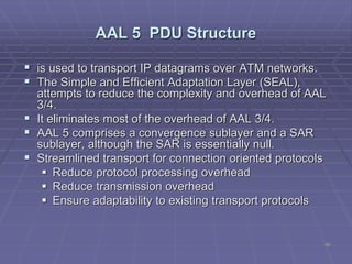 50
AAL 5 PDU Structure
 is used to transport IP datagrams over ATM networks.
 The Simple and Efficient Adaptation Layer (SEAL),
attempts to reduce the complexity and overhead of AAL
3/4.
 It eliminates most of the overhead of AAL 3/4.
 AAL 5 comprises a convergence sublayer and a SAR
sublayer, although the SAR is essentially null.
 Streamlined transport for connection oriented protocols
 Reduce protocol processing overhead
 Reduce transmission overhead
 Ensure adaptability to existing transport protocols
 
