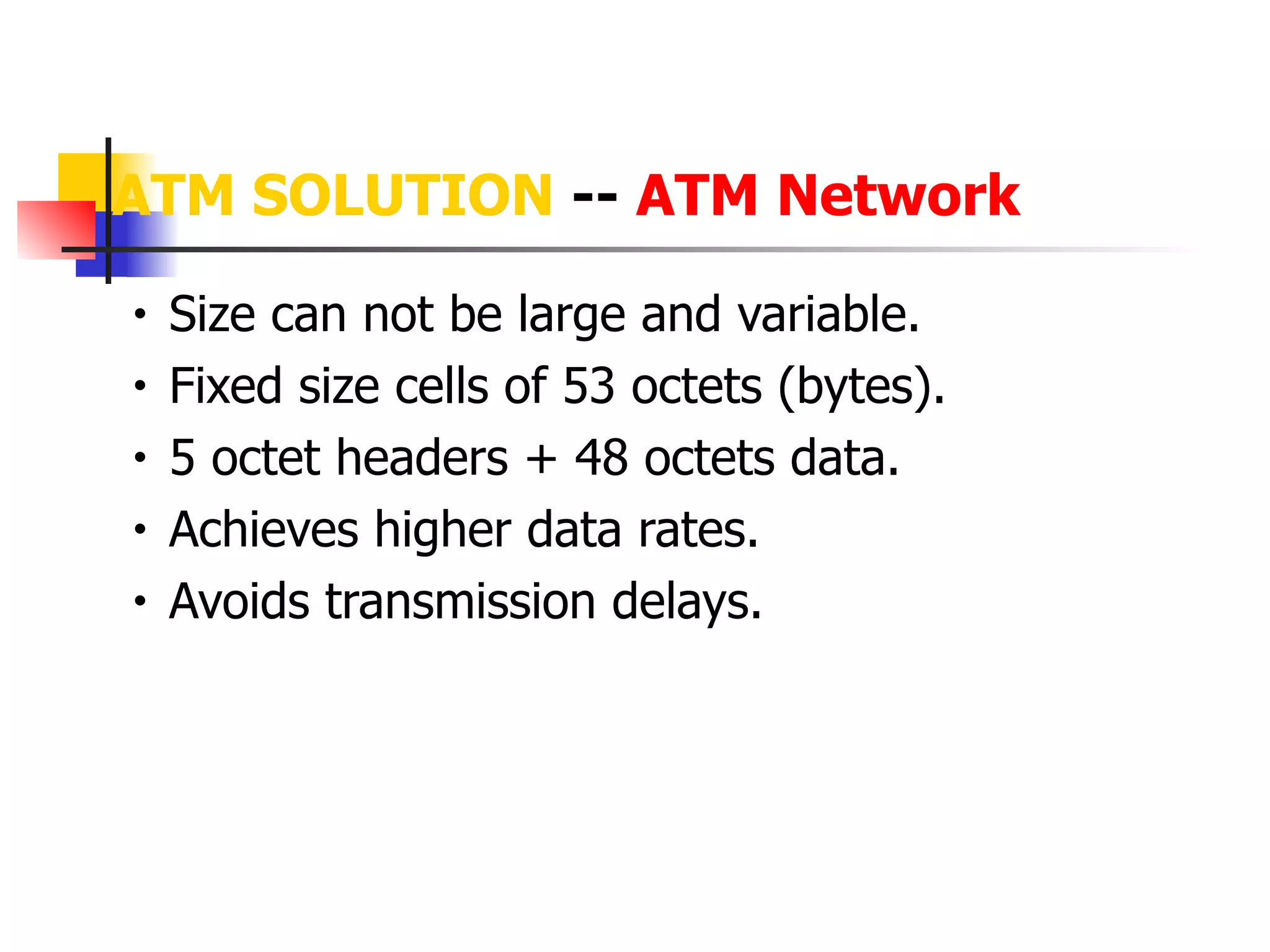 • Size can not be large and variable.
• Fixed size cells of 53 octets (bytes).
• 5 octet headers + 48 octets data.
• Achieves higher data rates.
• Avoids transmission delays.
ATM SOLUTION -- ATM Network
 