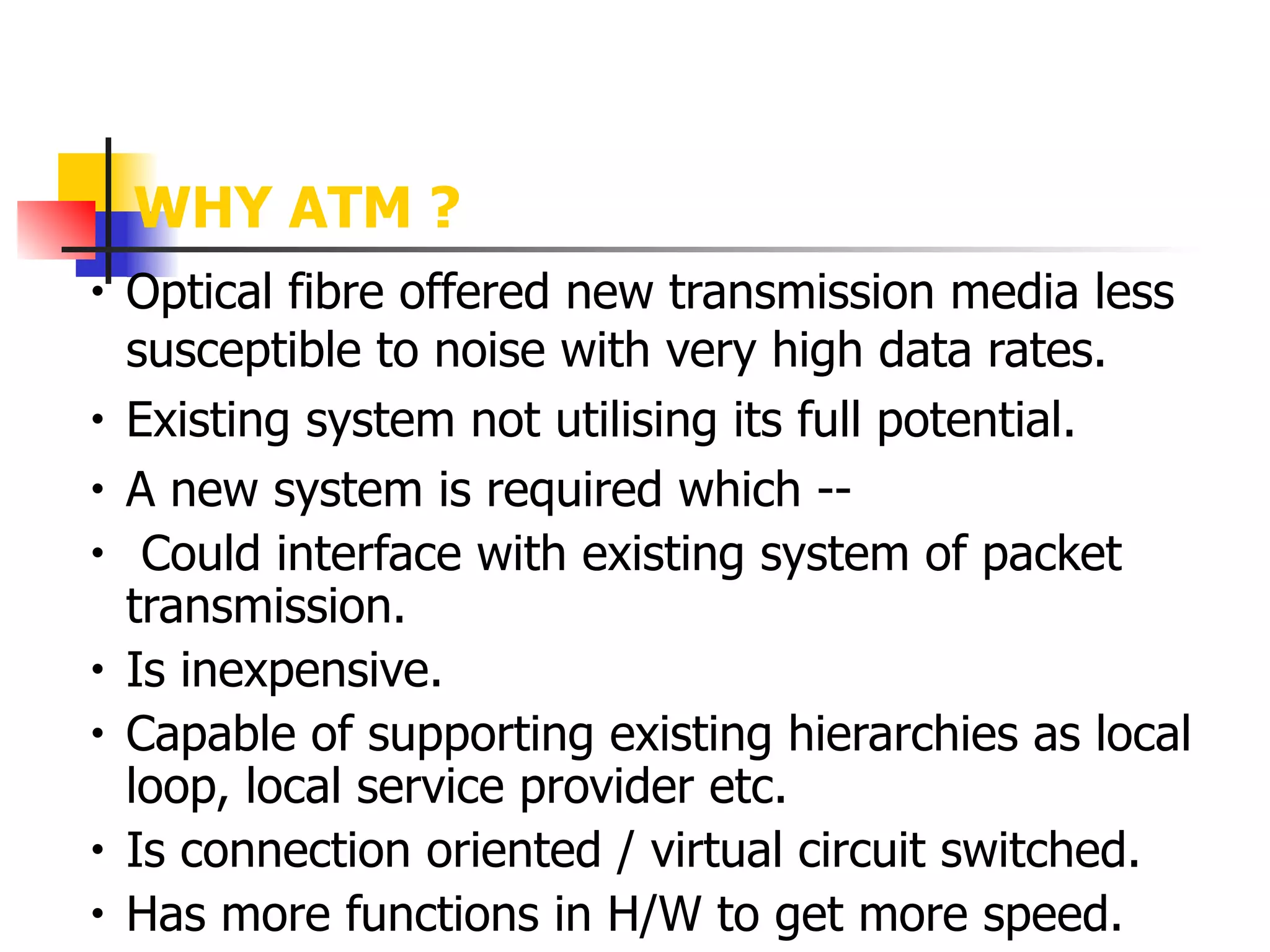 WHY ATM ?
• Optical fibre offered new transmission media less
susceptible to noise with very high data rates.
• Existing system not utilising its full potential.
• A new system is required which --
• Could interface with existing system of packet
transmission.
• Is inexpensive.
• Capable of supporting existing hierarchies as local
loop, local service provider etc.
• Is connection oriented / virtual circuit switched.
• Has more functions in H/W to get more speed.
 