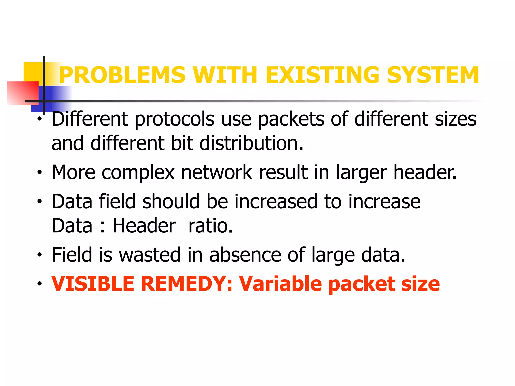PROBLEMS WITH EXISTING SYSTEM
• Different protocols use packets of different sizes
and different bit distribution.
• More complex network result in larger header.
• Data field should be increased to increase
Data : Header ratio.
• Field is wasted in absence of large data.
• VISIBLE REMEDY: Variable packet size
 