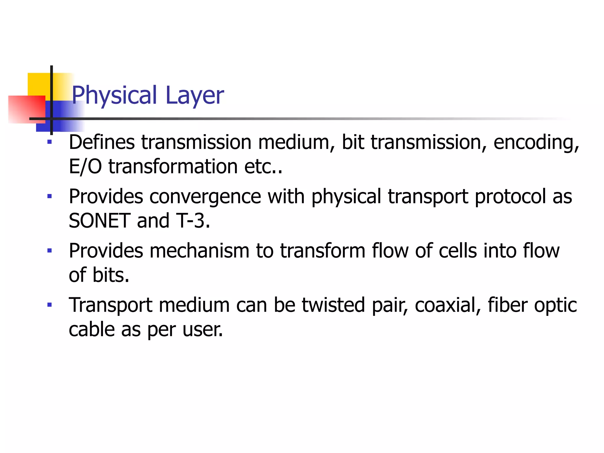 Physical Layer
■ Defines transmission medium, bit transmission, encoding,
E/O transformation etc..
■ Provides convergence with physical transport protocol as
SONET and T-3.
■ Provides mechanism to transform flow of cells into flow
of bits.
■ Transport medium can be twisted pair, coaxial, fiber optic
cable as per user.
 