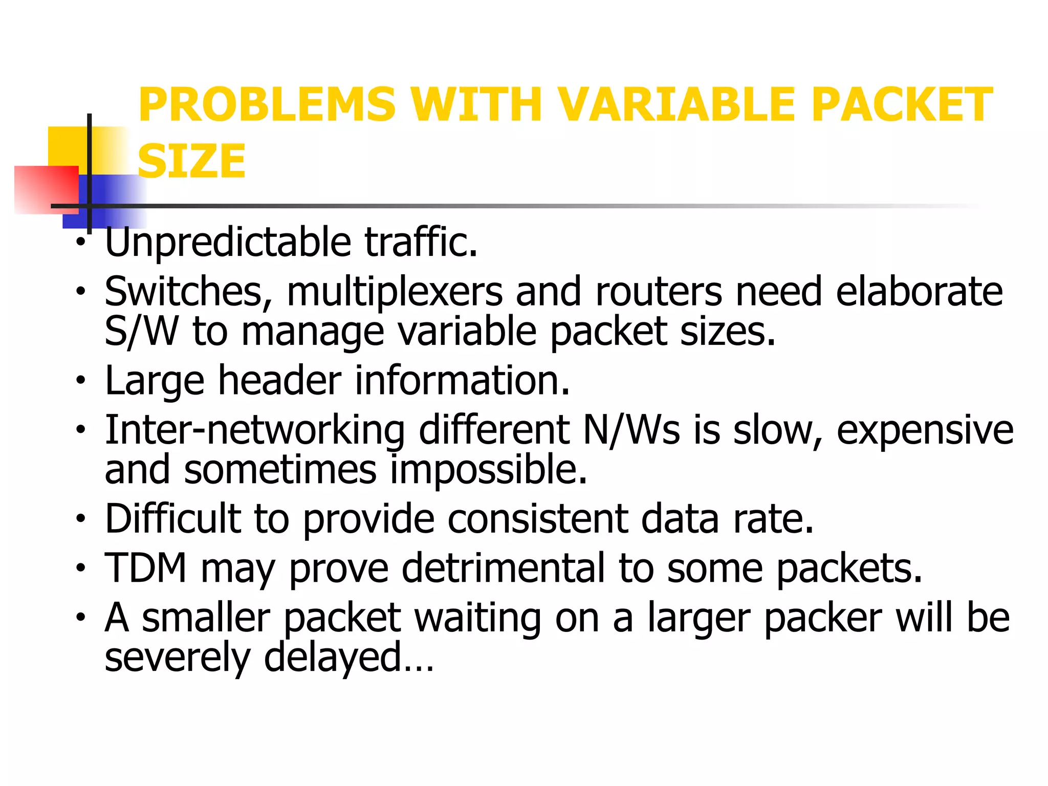 PROBLEMS WITH VARIABLE PACKET
SIZE
• Unpredictable traffic.
• Switches, multiplexers and routers need elaborate
S/W to manage variable packet sizes.
• Large header information.
• Inter-networking different N/Ws is slow, expensive
and sometimes impossible.
• Difficult to provide consistent data rate.
• TDM may prove detrimental to some packets.
• A smaller packet waiting on a larger packer will be
severely delayed…
 
