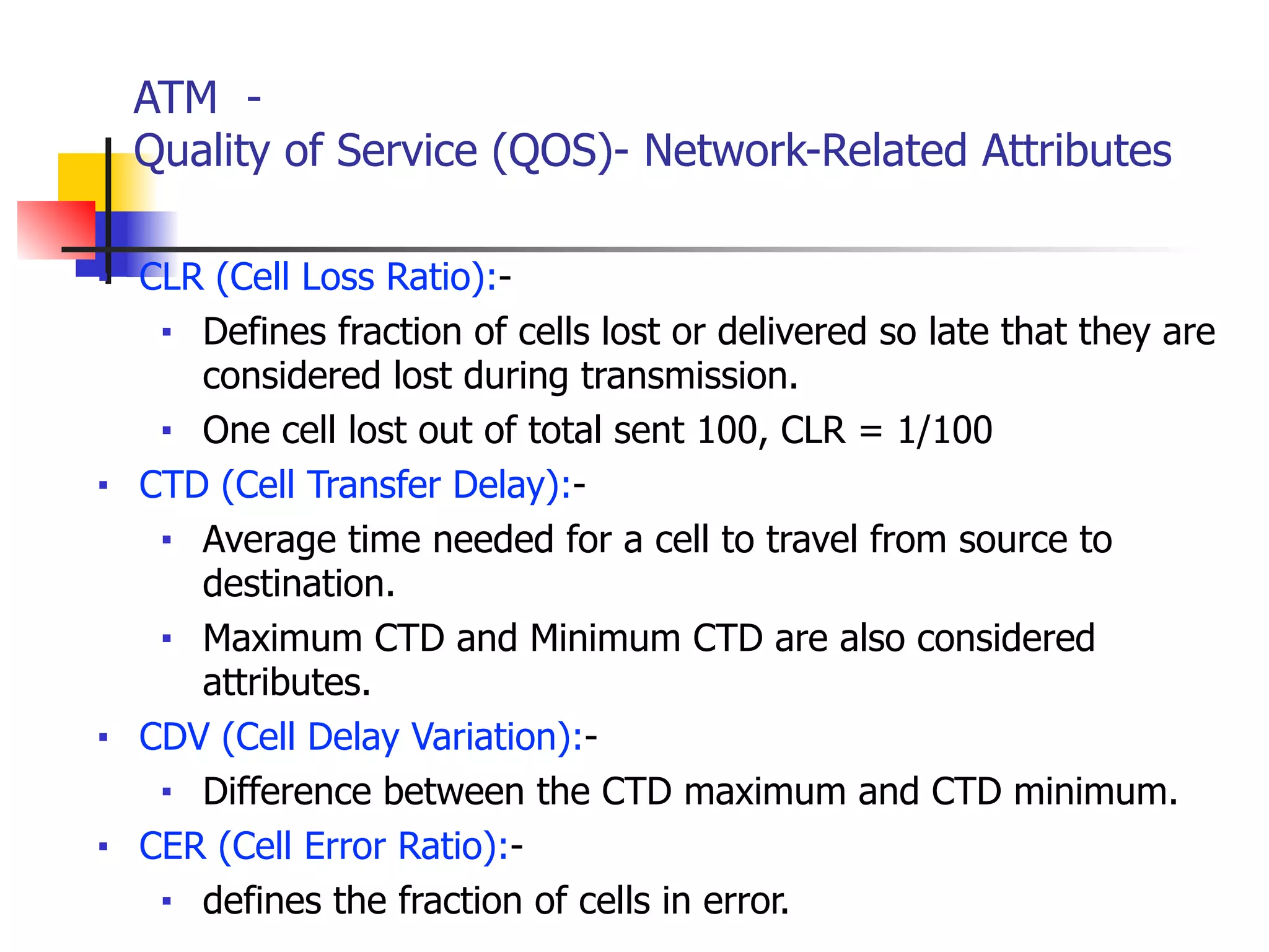 ATM -
Quality of Service (QOS)- Network-Related Attributes
■ CLR (Cell Loss Ratio):-
■ Defines fraction of cells lost or delivered so late that they are
considered lost during transmission.
■ One cell lost out of total sent 100, CLR = 1/100
■ CTD (Cell Transfer Delay):-
■ Average time needed for a cell to travel from source to
destination.
■ Maximum CTD and Minimum CTD are also considered
attributes.
■ CDV (Cell Delay Variation):-
■ Difference between the CTD maximum and CTD minimum.
■ CER (Cell Error Ratio):-
■ defines the fraction of cells in error.
 