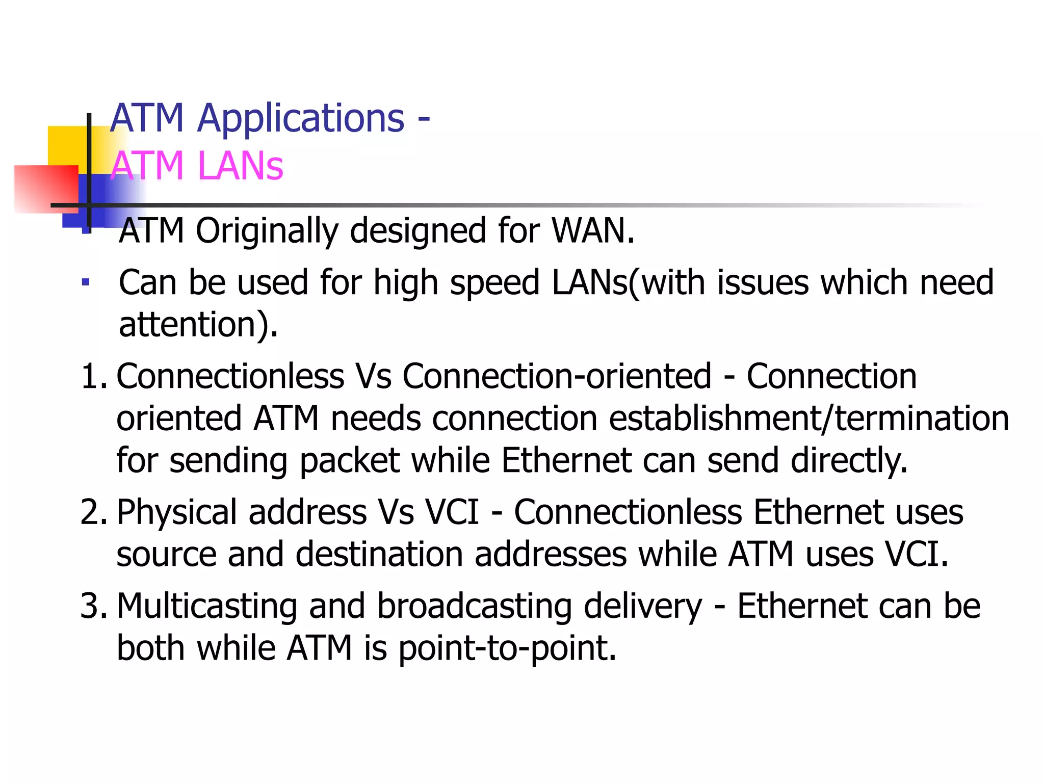 ATM Applications -
ATM LANs
■ ATM Originally designed for WAN.
■ Can be used for high speed LANs(with issues which need
attention).
1. Connectionless Vs Connection-oriented - Connection
oriented ATM needs connection establishment/termination
for sending packet while Ethernet can send directly.
2. Physical address Vs VCI - Connectionless Ethernet uses
source and destination addresses while ATM uses VCI.
3. Multicasting and broadcasting delivery - Ethernet can be
both while ATM is point-to-point.
 