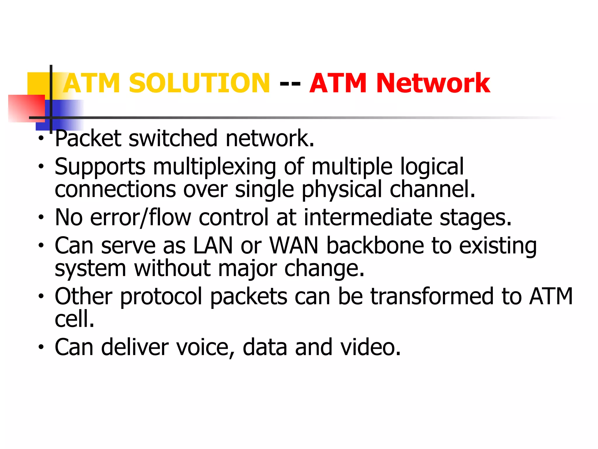 ATM SOLUTION -- ATM Network
• Packet switched network.
• Supports multiplexing of multiple logical
connections over single physical channel.
• No error/flow control at intermediate stages.
• Can serve as LAN or WAN backbone to existing
system without major change.
• Other protocol packets can be transformed to ATM
cell.
• Can deliver voice, data and video.
 
