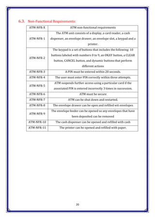20
6.3. Non-Functional Requirements:
ATM-NFR-X ATM non-functional requirements
ATM-NFR-1
The ATM unit consists of a display, a card reader, a cash
dispenser, an envelope drawer, an envelope slot, a keypad and a
printer.
ATM-NFR-2
The keypad is a set of buttons that includes the following: 10
buttons labeled with numbers 0 to 9, an OKAY button, a CLEAR
button, CANCEL button, and dynamic buttons that perform
different actions
ATM-NFR-3 A PIN must be entered within 20 seconds.
ATM-NFR-4 The user must enter PIN correctly within three attempts.
ATM-NFR-5
ATM suspends further access using a particular card if the
associated PIN is entered incorrectly 3 times in succession.
ATM-NFR-6 ATM must be secure
ATM-NFR-7 ATM can be shut down and restarted.
ATM-NFR-8 The envelope drawer can be open and refilled wit envelopes
ATM-NFR-9
The envelope feeder can be opened so any envelopes that have
been deposited can be removed
ATM-NFR-10 The cash dispenser can be opened and refilled with cash
ATM-NFR-11 The printer can be opened and refilled with paper.
 