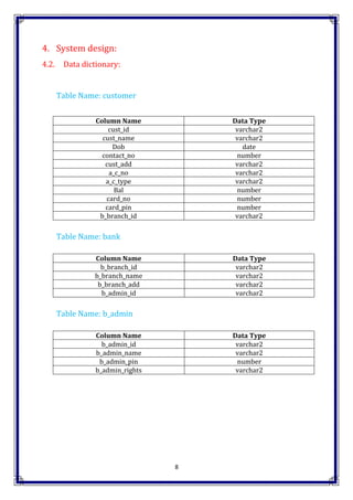8
4. System design:
4.2. Data dictionary:
Table Name: customer
Column Name Data Type
cust_id varchar2
cust_name varchar2
Dob date
contact_no number
cust_add varchar2
a_c_no varchar2
a_c_type varchar2
Bal number
card_no number
card_pin number
b_branch_id varchar2
Table Name: bank
Column Name Data Type
b_branch_id varchar2
b_branch_name varchar2
b_branch_add varchar2
b_admin_id varchar2
Table Name: b_admin
Column Name Data Type
b_admin_id varchar2
b_admin_name varchar2
b_admin_pin number
b_admin_rights varchar2
 