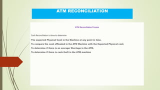 ATM RECONCILIATION
ATM Reconciliation Process
Cash Reconciliation is done to determine
The expected Physical Cash in the Machine at any point in time.
To compare the cash offloaded in the ATM Machine with the Expected Physical cash
To determine if there is an overage/ Shortage in the ATM.
To determine if there is cash theft in the ATM machine
 