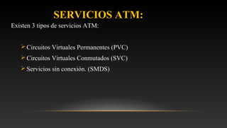 SERVICIOS ATM:
Existen 3 tipos de servicios ATM:
Circuitos Virtuales Permanentes (PVC)
Circuitos Virtuales Conmutados (SVC)
Servicios sin conexión. (SMDS)
 