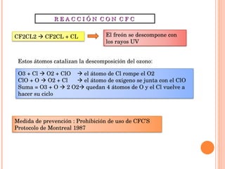 R E A C C I Ó N  C O N  C F C  Estos átomos catalizan la descomposición del ozono : CF2CL2    CF2CL + CL  El freón se descompone con los rayos UV O3 + Cl    O2 + ClO    el átomo de Cl rompe el O2 ClO + O    O2 + Cl    el átomo de oxigeno se junta con el ClO Suma = O3 + O    2 O2   quedan 4 átomos de O y el Cl vuelve a hacer su ciclo Medida de prevención : Prohibición de uso de CFC’S Protocolo de Montreal 1987 