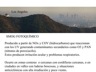 SMOG FOTOQUÍMICO Producido a partir de NOx y COV (hidrocarburos) que reaccionan con los UV generando contaminantes secundarios como O3 y PAN (nitratos de peroxiacilo). Estos producen irritación ocular y problemas respiratorios. Ocurre en zonas costeras  o cercanas con cordilleras cercanas, o en ciudades en valles con laderas boscosas, y situaciones anticiclónicas con alta irradiación y poco viento. Los Angeles 