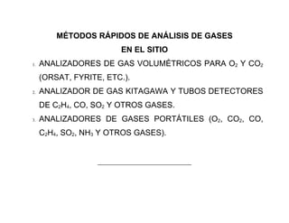 MÉTODOS RÁPIDOS DE ANÁLISIS DE GASES
                           EN EL SITIO
1.   ANALIZADORES DE GAS VOLUMÉTRICOS PARA O2 Y CO2
     (ORSAT, FYRITE, ETC.).
2.   ANALIZADOR DE GAS KITAGAWA Y TUBOS DETECTORES
     DE C2H4, CO, SO2 Y OTROS GASES.
3.   ANALIZADORES DE GASES PORTÁTILES (O2, CO2, CO,
     C2H4, SO2, NH3 Y OTROS GASES).


                   _________________________________
 