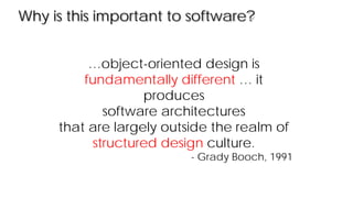 Why is this important to software?
…object-oriented design is
fundamentally different … it
produces
software architectures
that are largely outside the realm of
structured design culture.
- Grady Booch, 1991
 