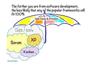The further you are from software development,
the less likely that any of the popular frameworks will
fit 100%
Henrik Kniberg
Agile Values & Principles
SAFe
LeSS / SAFe
Scrum
XP
Kanban
 