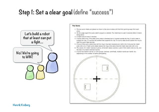 Step 1: Set a clear goal (define “success”)
Henrik Kniberg
Let’s build a robot
that at least can put
a fight....
No! We’re going
to WIN!
 
