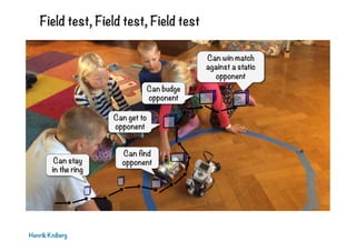 Field test, Field test, Field test
Henrik Kniberg
Can stay
in the ring
Can find
opponent
Can get to
opponent
Can budge
opponent
Can win match
against a static
opponent
 