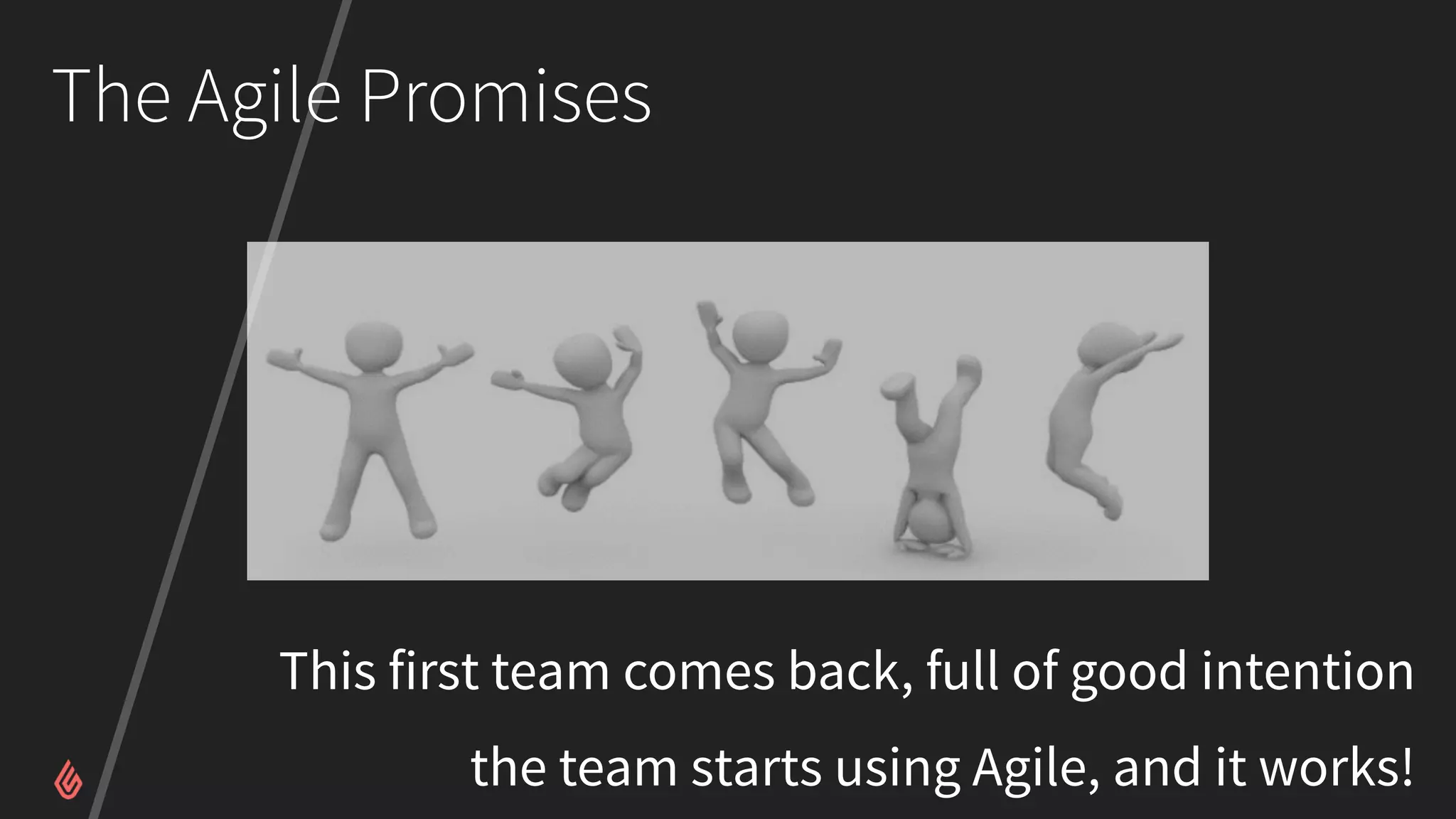 The Agile Promises
This first team comes back, full of good intention
the team starts using Agile, and it works!
 