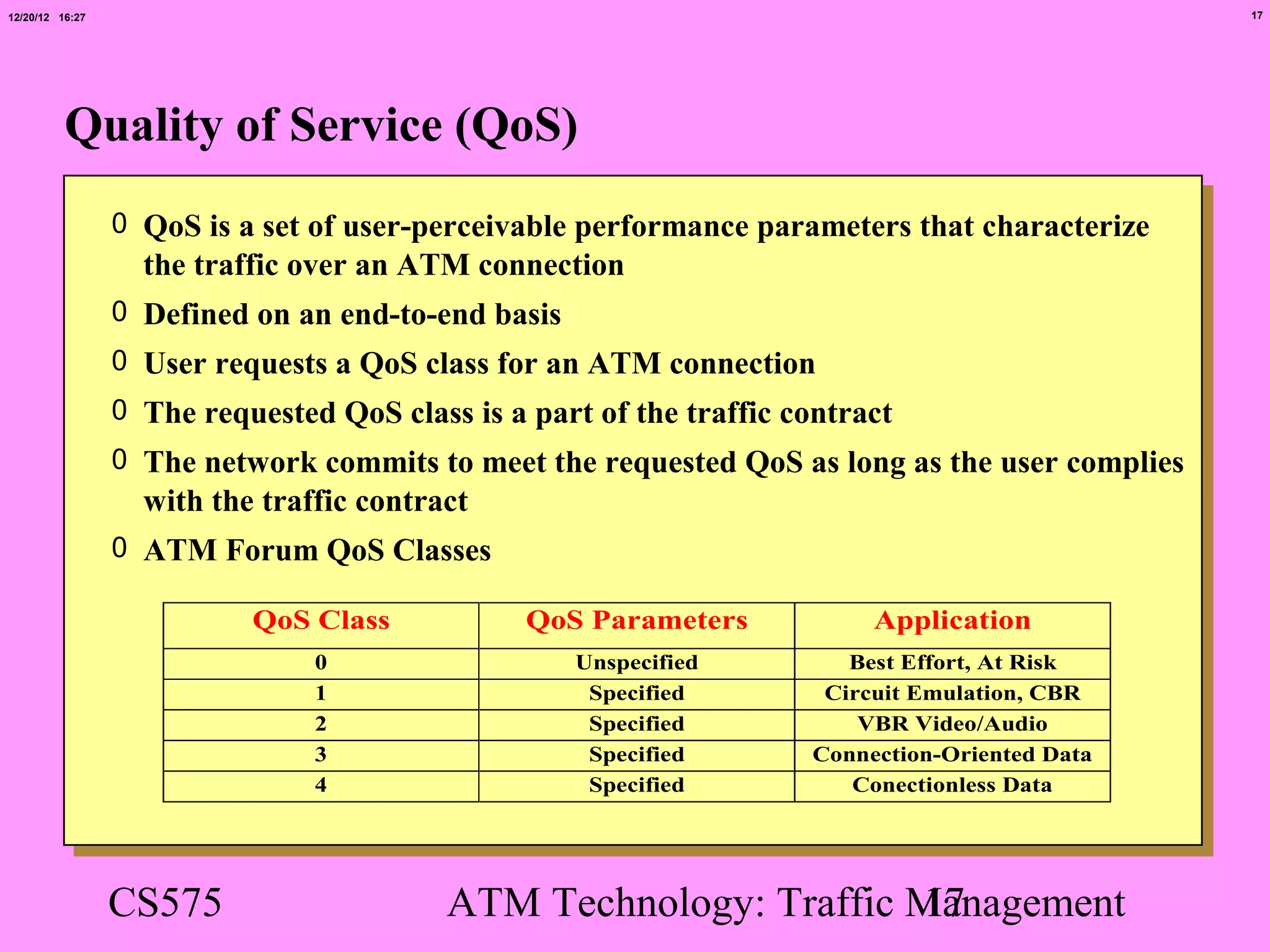 12/20/12 16:27                                                                                  17




          Quality of Service (QoS)
                 0 QoS is a set of user-perceivable performance parameters that characterize
                   the traffic over an ATM connection
                 0 Defined on an end-to-end basis
                 0 User requests a QoS class for an ATM connection
                 0 The requested QoS class is a part of the traffic contract
                 0 The network commits to meet the requested QoS as long as the user complies
                   with the traffic contract
                 0 ATM Forum QoS Classes

                           QoS Class            QoS Parameters            Application
                                0                   Unspecified         Best Effort, At Risk
                                1                    Specified        Circuit Emulation, CBR
                                2                    Specified           VBR Video/Audio
                                3                    Specified       Connection-Oriented Data
                                4                    Specified          Conectionless Data




                 CS575                    ATM Technology: Traffic Management
                                                                  17
 