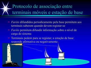 Protocolo de associação entre
terminais móveis e estação de base
 Faróis difundidos periodicamente pela base permitem aos
terminais saberem quando devem registar-se
 Faróis permitem difundir informação sobre o nível de
carga do sistema
 Terminais pedem para se registar; a estação de base
responde afirmativa ou negativamente
 