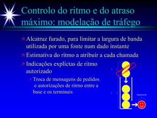 Controlo do ritmo e do atraso
máximo: modelação de tráfego
 Alcatruz furado, para limitar a largura de banda
utilizada por uma fonte num dado instante
 Estimativa do ritmo a atribuir a cada chamada
 Indicações explíctas de ritmo
autorizado
 Troca de mensagens de pedidos
e autorizações de ritmo entre a
base e os terminais L
I
Não pode enviar
esta
Vazamento
 