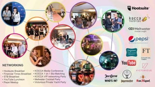 NETWORKING
• Hootsuite Breakfast
• Financial Times Breakfast
• STB Breakfast
• YouTube Luncheon
• Pepsi Meetup
• KOCCA Media Conference
• KOCCA 1 on 1 Biz-Matching
• KOCCA VIP networking Party
• Meltwater Cocktail Party
• Victorious Private Yacht Party
 