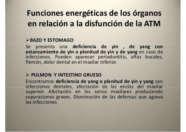 Funciones energéticas de los órganos
en relación a la disfunción de la ATM
BAZO Y ESTOMAGO
Se presenta una deficiencia de ...
