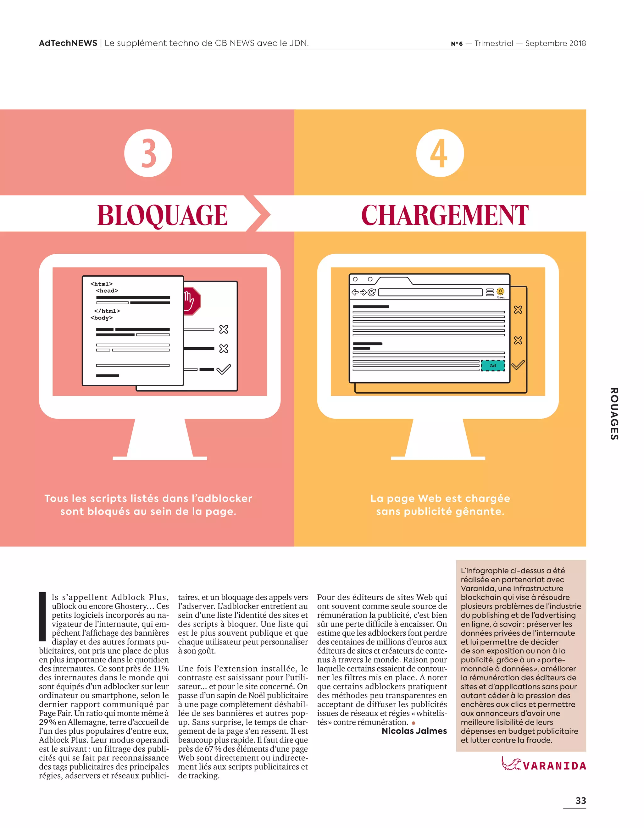 33
ROUAGES
AdTechNEWS | Le supplément techno de CB NEWS avec le JDN. Nº 6 — Trimestriel — Septembre 2018
I
ls s’appellent Adblock Plus,
uBlock ou encore Ghostery… Ces
petits logiciels incorporés au na-
vigateur de l’internaute, qui em-
pêchent l’affichage des bannières
display et des autres formats pu-
blicitaires, ont pris une place de plus
en plus importante dans le quotidien
des internautes. Ce sont près de 11%
des internautes dans le monde qui
sont équipés d’un adblocker sur leur
ordinateur ou smartphone, selon le
dernier rapport communiqué par
Page Fair. Un ratio qui monte même à
29 % en Allemagne, terre d’accueil de
l’un des plus populaires d’entre eux,
Adblock Plus. Leur modus operandi
est le suivant : un filtrage des publi-
cités qui se fait par reconnaissance
des tags publicitaires des principales
régies, adservers et réseaux publici-
BLOQUAGE CHARGEMENT
Pour des éditeurs de sites Web qui
ont souvent comme seule source de
rémunération la publicité, c’est bien
sûr une perte difficile à encaisser. On
estime que les adblockers font perdre
des centaines de millions d’euros aux
éditeurs de sites et créateurs de conte-
nus à travers le monde. Raison pour
laquelle certains essaient de contour-
ner les filtres mis en place. À noter
que certains adblockers pratiquent
des méthodes peu transparentes en
acceptant de diffuser les publicités
issues de réseaux et régies « whitelis-
tés » contre rémunération.
Nicolas Jaimes
taires, et un bloquage des appels vers
l’adserver. L’adblocker entretient au
sein d’une liste l’identité des sites et
des scripts à bloquer. Une liste qui
est le plus souvent publique et que
chaque utilisateur peut personnaliser
à son goût.
Une fois l’extension installée, le
contraste est saisissant pour l’utili-
sateur... et pour le site concerné. On
passe d’un sapin de Noël publicitaire
à une page complètement déshabil-
lée de ses bannières et autres pop-
up. Sans surprise, le temps de char-
gement de la page s’en ressent. Il est
beaucoup plus rapide. Il faut dire que
près de 67 % des éléments d’une page
Web sont directement ou indirecte-
ment liés aux scripts publicitaires et
de tracking.
Tous les scripts listés dans l’adblocker
sont bloqués au sein de la page.
La page Web est chargée
sans publicité gênante.
 
L’infographie ci-dessus a été
réalisée en partenariat avec
Varanida, une infrastructure
blockchain qui vise à résoudre
plusieurs problèmes de l’industrie
du publishing et de l’advertising
en ligne, à savoir  : préserver les
données privées de l’internaute
et lui permettre de décider
de son exposition ou non à la
publicité, grâce à un « porte-
monnaie à données », améliorer
la rémunération des éditeurs de
sites et d’applications sans pour
autant céder à la pression des
enchères aux clics et permettre
aux annonceurs d’avoir une
meilleure lisibilité de leurs
dépenses en budget publicitaire
et lutter contre la fraude.
32-33-Rouages Adblock-BAT-ATN6.indd 33 02/09/2018 16:58
 
