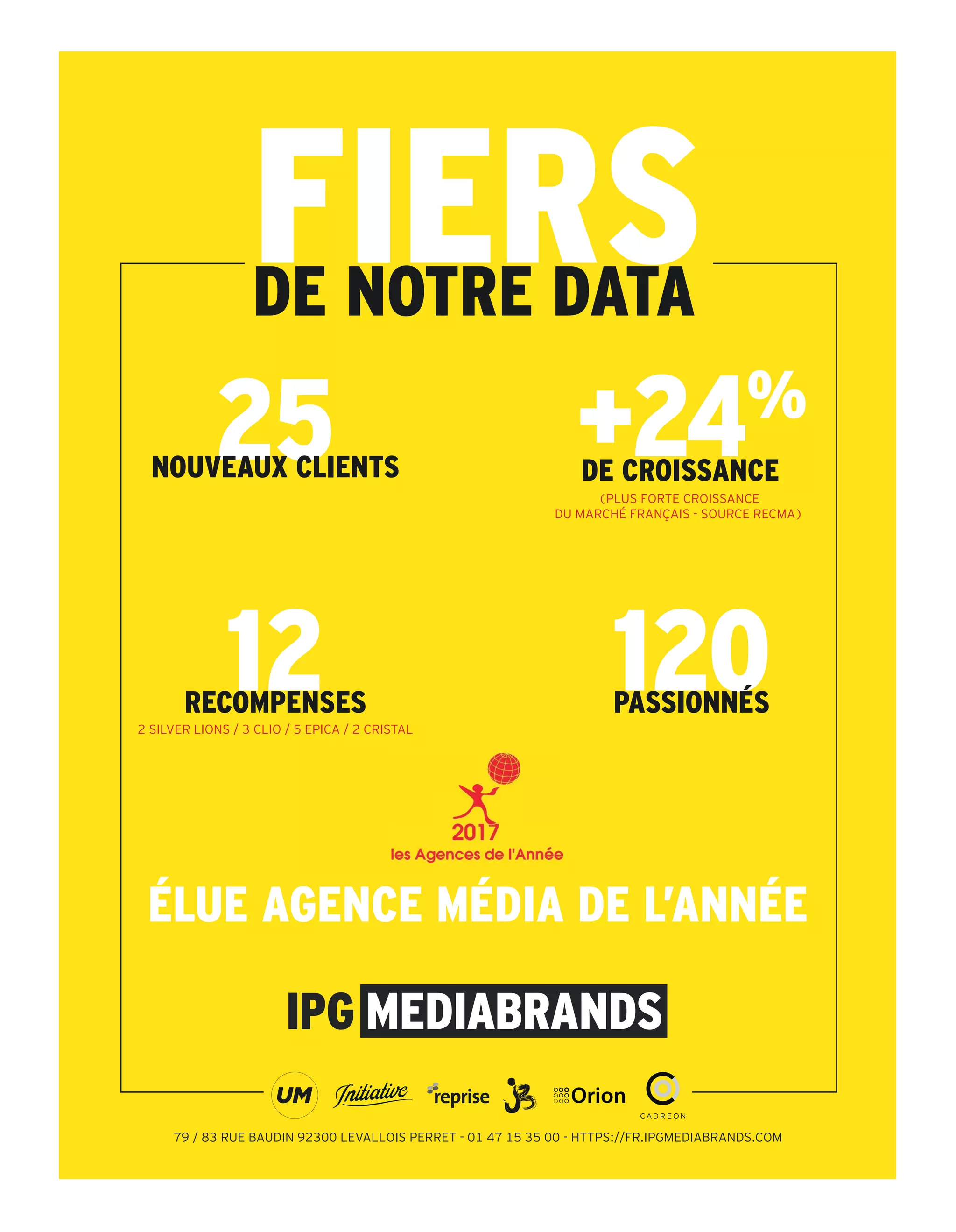 FIERSDE NOTRE DATA
25NOUVEAUX CLIENTS
+24%
DE CROISSANCE
12RECOMPENSES
120PASSIONNÉS
(PLUS FORTE CROISSANCE
DU MARCHÉ FRANÇAIS - SOURCE RECMA)
2 SILVER LIONS / 3 CLIO / 5 EPICA / 2 CRISTAL
79 / 83 RUE BAUDIN 92300 LEVALLOIS PERRET - 01 47 15 35 00 - HTTPS://FR.IPGMEDIABRANDS.COM
ÉLUE AGENCE MÉDIA DE L’ANNÉE
CB News-IPG Mediabrands-exe.indd 1 23/01/2018 12:02
32-MondeMalvertising-BAT-ATN4.indd 33 16/2/18 8:20
 