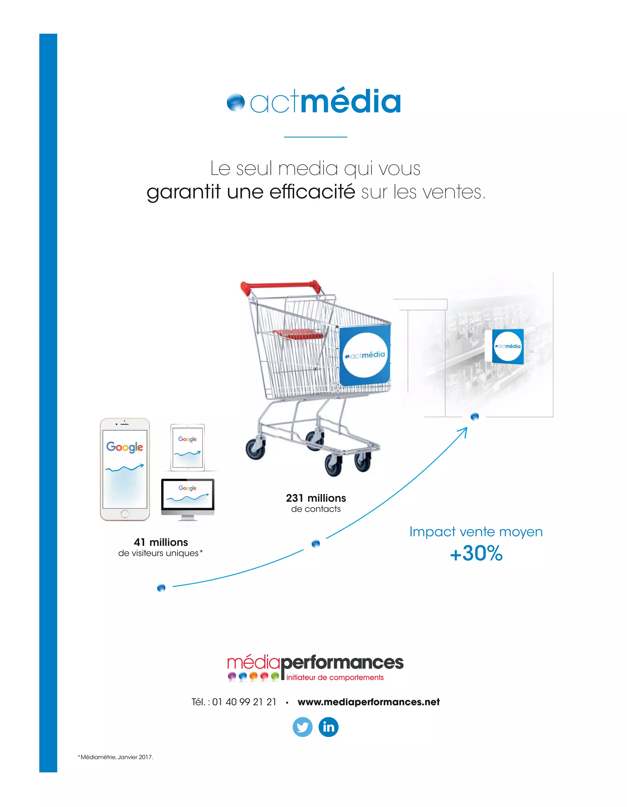 Le seul media qui vous
garantit une efﬁcacité sur les ventes.
actmédia
Impact vente moyen
+30%
41 millions
de visiteurs uniques*
231 millions
de contacts
Tél. : 01 40 99 21 21 • www.mediaperformances.net
*Médiamétrie, Janvier 2017.
4-FEED-HotOrNot-BAT-ATN4.indd 5 16/2/18 10:53
 