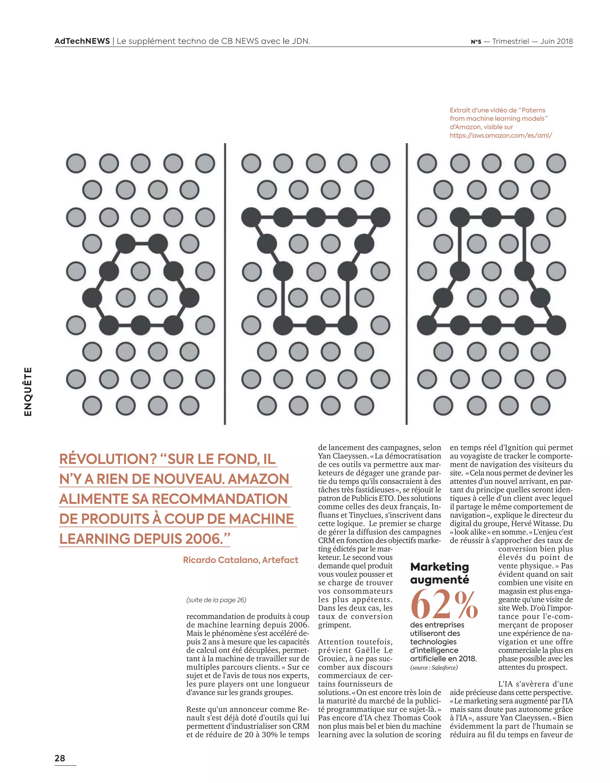 28
ENQUÊTE
AdTechNEWS | Le supplément techno de CB NEWS avec le JDN. Nº5 — Trimestriel — Juin 2018
(suite de la page 26)
de lancement des campagnes, selon
Yan Claeyssen.«La démocratisation
de ces outils va permettre aux mar-
keteurs de dégager une grande par-
tie du temps qu'ils consacraient à des
tâches très fastidieuses», se réjouit le
patron de Publicis ETO. Des solutions
comme celles des deu fran ais, n-
ﬂuans et inyclues, s inscri ent dans
cette logique. Le premier se charge
de gérer la diffusion des campagnes
CRM en fonction des objectifs marke-
ting édictés par le mar-
keteur. Le second vous
demande quel produit
vous voulez pousser et
se charge de trouver
vos consommateurs
les plus appétents.
Dans les deux cas, les
taux de conversion
grimpent.
Attention toutefois,
prévient Gaëlle Le
Grouiec, à ne pas suc-
comber aux discours
commerciaux de cer-
tains fournisseurs de
solutions.«On est encore très loin de
la maturité du marché de la publici-
té programmatique sur ce sujet-là.»
Pas encore d'IA chez Thomas Cook
non plus mais bel et bien du machine
learning avec la solution de scoring
en temps réel d'Ignition qui permet
au voyagiste de tracker le comporte-
ment de navigation des visiteurs du
site. «Cela nous permet de deviner les
attentes d'un nouvel arrivant, en par-
tant du principe quelles seront iden-
tiques à celle d'un client avec lequel
il partage le même comportement de
navigation», explique le directeur du
digital du groupe, Hervé Witasse. Du
«look alike» en somme.«L'enjeu c'est
de réussir à s'approcher des taux de
conversion bien plus
élevés du point de
vente physique. » Pas
évident quand on sait
combien une visite en
magasin est plus enga-
geante qu'une visite de
site Web. D'où l'impor-
tance pour l'e-com-
mer ant de proposer
une expérience de na-
vigation et une offre
commerciale la plus en
phase possible avec les
attentes du prospect.
L'IA s'avèrera d'une
aide précieuse dans cette perspective.
«Le marketing sera augmenté par l'IA
mais sans doute pas autonome grâce
à l'IA», assure Yan Claeyssen.«Bien
évidemment la part de l'humain se
réduira au ﬁl du temps en fa eur de
RÉVOLUTION ? “ SUR LE FOND, IL
N’Y A RIEN DE NOUVEAU. AMAZON
ALIMENTE SA RECOMMANDATION
DE PRODUITS À COUP DE MACHINE
LEARNING DEPUIS 2006. ”
Ricardo Catalano, Artefact
Marketing
augmenté
62%des entreprises
utiliseront des
technologies
d’intelligence
artificielle en 2018.
(source : Salesforce)
recommandation de produits à coup
de machine learning depuis 2006.
Mais le phénomène s'est accéléré de-
puis 2 ans à mesure que les capacités
de calcul ont été décuplées, permet-
tant à la machine de travailler sur de
multiples parcours clients. » Sur ce
sujet et de l'avis de tous nos experts,
les pure players ont une longueur
d'avance sur les grands groupes.
Reste qu'un annonceur comme Re-
nault s'est déjà doté d'outils qui lui
permettent d'industrialiser son CRM
et de réduire de 20 à 30% le temps
Extrait d'une vidéo de “ Paterns
from machine learning models ”
d'Amazon, visible sur
https://aws.amazon.com/es/aml/
24-Enquête FuturCRM-BAT-ATN5.indd 28 15/5/18 19:40
 