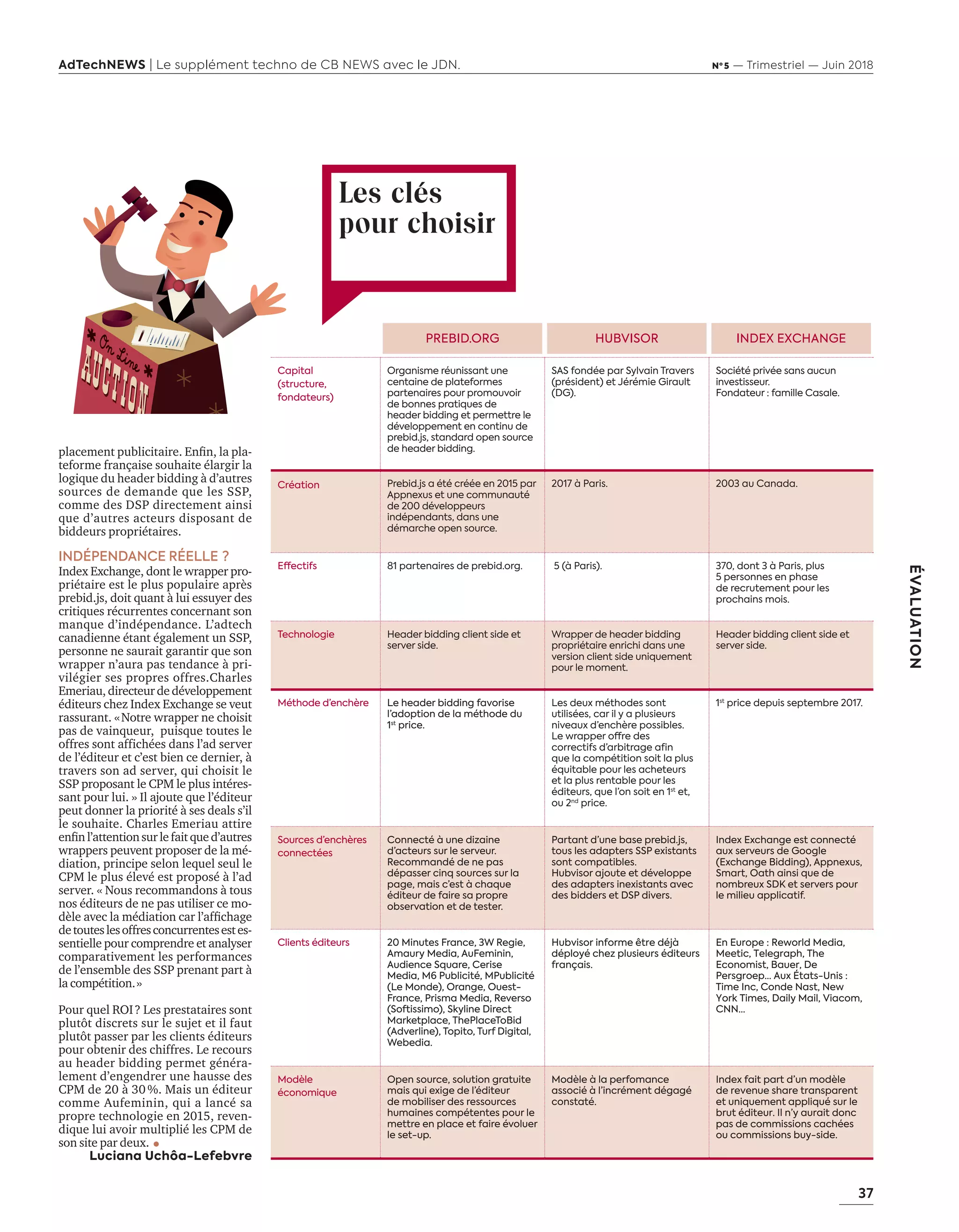 37
ÉVALUATION
AdTechNEWS | Le supplément techno de CB NEWS avec le JDN. Nº 5 — Trimestriel — Juin 2018
placement pu licitaire. Enﬁn, la pla-
teforme française souhaite élargir la
logique du header bidding à d’autres
sources de demande que les SSP,
comme des DSP directement ainsi
que d’autres acteurs disposant de
biddeurs propriétaires.
INDÉPENDANCE RÉELLE  ?
Index Exchange, dont le wrapper pro-
priétaire est le plus populaire après
prebid.js, doit quant à lui essuyer des
critiques récurrentes concernant son
manque d’indépendance. L’adtech
canadienne étant également un SSP,
personne ne saurait garantir que son
wrapper n’aura pas tendance à pri-
vilégier ses propres offres.Charles
Emeriau, directeur de développement
éditeurs chez Index Exchange se veut
rassurant. «Notre wrapper ne choisit
pas de vainqueur, puisque toutes le
offres sont affichées dans l’ad server
de l’éditeur et c’est bien ce dernier, à
travers son ad server, qui choisit le
SSP proposant le CPM le plus intéres-
sant pour lui. » Il ajoute que l’éditeur
peut donner la priorité à ses deals s’il
le souhaite. Charles Emeriau attire
enﬁnl’attentionsurlefait ued’autres
wrappers peuvent proposer de la mé-
diation, principe selon lequel seul le
CPM le plus élevé est proposé à l’ad
server. « Nous recommandons à tous
nos éditeurs de ne pas utiliser ce mo-
dèle a ec la médiation car l’afﬁchage
detouteslesoffresconcurrentesestes-
sentielle pour comprendre et analyser
comparativement les performances
de l’ensemble des SSP prenant part à
la compétition.»
Pour quel ROI? Les prestataires sont
plutôt discrets sur le sujet et il faut
plutôt passer par les clients éditeurs
pour obtenir des chiffres. Le recours
au header bidding permet généra-
lement d’engendrer une hausse des
CPM de 20 à 30 %. Mais un éditeur
comme Aufeminin, qui a lancé sa
propre technologie en 2015, reven-
dique lui avoir multiplié les CPM de
son site par deux.
Luciana Uchôa-Lefebvre
Les clés
pour choisir
PREBID.ORG HUBVISOR INDEX EXCHANGE
Capital
(structure,
fondateurs)
Organisme réunissant une
centaine de plateformes
partenaires pour promouvoir
de bonnes pratiques de
header bidding et permettre le
développement en continu de
prebid.js, standard open source
de header bidding.
SAS fondée par Sylvain Travers
(président) et Jérémie Girault
(DG).
Société privée sans aucun
investisseur.
Fondateur : famille Casale.
Création Prebid.js a été créée en 2015 par
Appnexus et une communauté
de 200 développeurs
indépendants, dans une
démarche open source.
2017 à Paris. 2003 au Canada.
Effectifs 81 partenaires de prebid.org. 5 (à Paris). 370, dont 3 à Paris, plus
5 personnes en phase
de recrutement pour les
prochains mois.
Technologie Header bidding client side et
server side.
Wrapper de header bidding
propriétaire enrichi dans une
version client side uniquement
pour le moment.
Header bidding client side et
server side.
Méthode d’enchère Le header bidding favorise
l’adoption de la méthode du
1st
price.
Les deux méthodes sont
utilisées, car il y a plusieurs
niveaux d’enchère possibles.
Le wrapper offre des
correctifs d’arbitrage afin
que la compétition soit la plus
équitable pour les acheteurs
et la plus rentable pour les
éditeurs, que l’on soit en 1st
et,
ou 2nd
price.
1st
price depuis septembre 2017.
Sources d’enchères
connectées
Connecté à une dizaine
d’acteurs sur le serveur.
Recommandé de ne pas
dépasser cinq sources sur la
page, mais c’est à chaque
éditeur de faire sa propre
observation et de tester.
Partant d’une base prebid.js,
tous les adapters SSP existants
sont compatibles.
Hubvisor ajoute et développe
des adapters inexistants avec
des bidders et DSP divers.
Index Exchange est connecté
aux serveurs de Google
(Exchange Bidding), Appnexus,
Smart, Oath ainsi que de
nombreux SDK et servers pour
le milieu applicatif.
Clients éditeurs 20 Minutes France, 3W Regie,
Amaury Media, AuFeminin,
Audience Square, Cerise
Media, M6 Publicité, MPublicité
(Le Monde), Orange, Ouest-
France, Prisma Media, Reverso
(Softissimo), Skyline Direct
Marketplace, ThePlaceToBid
(Adverline), Topito, Turf Digital,
Webedia.
Hubvisor informe être déjà
déployé chez plusieurs éditeurs
français.
En Europe : Reworld Media,
Meetic, Telegraph, The
Economist, Bauer, De
Persgroep… Aux États-Unis :
Time Inc, Conde Nast, New
York Times, Daily Mail, Viacom,
CNN…
Modèle
économique
Open source, solution gratuite
mais qui exige de l’éditeur
de mobiliser des ressources
humaines compétentes pour le
mettre en place et faire évoluer
le set-up.
Modèle à la perfomance
associé à l’incrément dégagé
constaté.
Index fait part d’un modèle
de revenue share transparent
et uniquement appliqué sur le
brut éditeur. Il n’y aurait donc
pas de commissions cachées
ou commissions buy-side.
36-Evaluation HeaderBidding-BAT-ATN5.indd 37 15/5/18 16:39
 