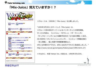「Mix-Juice」覚えていますか！？



            リクルートは、1995年に「Mix-Juice」を公開しました。


            “1995年3⽉3⽇にスタートした「Mix-Juice」は、
            リクルート初の⾃社サーバーによるインターネットの実⽤実験。
            サービス内容は、『じゃらん』『ゼクシィ』『ダ・ヴィンチ』
            『テックビーイング』などの最新号⽬次の「⽴ち読み情報」に加え、
            CD-ROMの「オンラインショッピング」、コンピュータ関連企業の
            「求⼈情報」、個⼈売買や仲間募集情報など。
            4⽉には⽉間5万アクセス、8⽉には63万アクセスに急成⻑しました。”
            http://www.recruit.jp/company/history/year/1995.html より


            ※ちなみに、⽶国 Yahoo! Inc. の設⽴は、1995年3⽉1⽇付。




                       4                                 (C) RECRUIT CO., LTD.
 