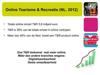 Online Toerisme & Recreatie (NL, 2012)
• Totale online omzet T&R 3,8 miljard euro
• T&R is 39% van de totale omzet in online verkopen
• Meer dan 40% van de Ned. boekt een T&R-product online
Dus T&R toekomst veel meer online.
Méér dan andere branches wegens:
-Digitaliseerbaarheid
-Deels ontastbaarheid
 