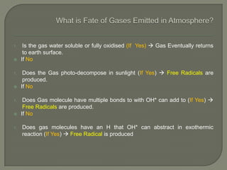 1. Is the gas water soluble or fully oxidised (If Yes)  Gas Eventually returns
to earth surface.
 If No
1. Does the Gas photo-decompose in sunlight (If Yes)  Free Radicals are
produced.
 If No
1. Does Gas molecule have multiple bonds to with OH* can add to (If Yes) 
Free Radicals are produced.
 If No
1. Does gas molecules have an H that OH* can abstract in exothermic
reaction (If Yes)  Free Radical is produced
 