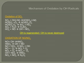 Oxidation of SO2
SO2 + OH(+M) HOSO2 (+M)
HOSO2 +O2  HOSO2.O2
HOSO2
.O2  SO3 + HO2
SO3 + H2O  H2SO4
HO2 + NO  OH + NO2
OH is regenerated / OH is never destroyed
OXIDATION OF NO/NO2
NO+ OH HNO2
HNO2  OH + NO
NO + HO2  NO2 + OH
NO + O3  NO2 + O2
NO2 + O3  NO3 + O2
OH + NO2  HNO3
NO3 + NO2  N2O5
 