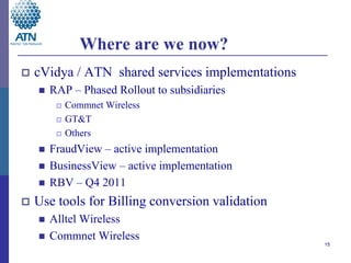 Where are we now?
   cVidya / ATN shared services implementations
       RAP – Phased Rollout to subsidiaries
         ...