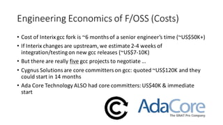Engineering	Economics	of	F/OSS	(Costs)
• Cost	of	Interix	gcc fork	is	~6	months	of	a	senior	engineer’s	time	(~US$50K+)
• If	Interix	changes	are	upstream,	we	estimate	2-4	weeks	of	
integration/testing	on	new	gcc releases	(~US$7-10K)
• But	there	are	really	five gcc projects	to	negotiate	…
• Cygnus	Solutions	are	core	committers	on	gcc:	quoted	~US$120K	and	they	
could	start	in	14	months
• Ada	Core	Technology	ALSO	had	core	committers:	US$40K	&	immediate	
start
 