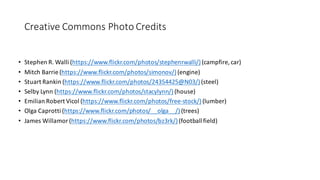 Creative	Commons	Photo	Credits
• Stephen	R.	Walli	(https://www.flickr.com/photos/stephenrwalli/)(campfire,	car)
• Mitch	Barrie	(https://www.flickr.com/photos/simonov/)(engine)
• Stuart	Rankin	(https://www.flickr.com/photos/24354425@N03/)(steel)
• Selby	Lynn	(https://www.flickr.com/photos/stacylynn/)(house)
• Emilian	Robert	Vicol (https://www.flickr.com/photos/free-stock/)(lumber)
• Olga	Caprotti (https://www.flickr.com/photos/__olga__/)(trees)
• James	Willamor (https://www.flickr.com/photos/bz3rk/)(football	field)
 