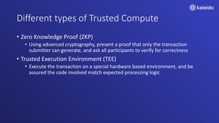 Different types of Trusted Compute
• Zero Knowledge Proof (ZKP)
• Using advanced cryptography, present a proof that only the transaction
submitter can generate, and ask all participants to verify for correctness
• Trusted Execution Environment (TEE)
• Execute the transaction on a special hardware based environment, and be
assured the code involved match expected processing logic
 