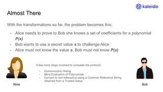 Almost There
With the transformations so far, the problem becomes this:
- Alice needs to prove to Bob she knows a set of coefficients for a polynomial
P(x)
- Bob wants to use a secret value s to challenge Alice
- Alice must not know the value s, Bob must not know P(x)
Alice Bob
A few more steps involved to complete the protocol:
- Homomorphic Hiding
- Blind Evaluation of Polynomials
- Convert to non-interactive using a Common Reference String
obtained from a Trusted Setup
 