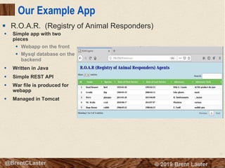 27
© 2018 Brent Laster@BrentCLaster
Our Example App
§ Simple app with two
pieces
§ Webapp on the front
§ Mysql database on the
backend
§ Written in Java
§ Simple REST API
§ War file is produced for
webapp
§ Managed in Tomcat
§ R.O.A.R. (Registry of Animal Responders)
 