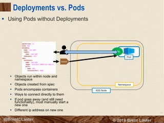 64
© 2018 Brent Laster@BrentCLaster
Deployments vs. Pods
§ Using Pods without Deployments
Pod
K8S Node
Namespace
8080
kubectl
8080
§ Objects run within node and
namespace
§ Objects created from spec
§ Pods encompass containers
§ Ways to connect directly to them
§ If pod goes away (and still need
functionality), must manually start a
new one
§ Different ip address on new one
 