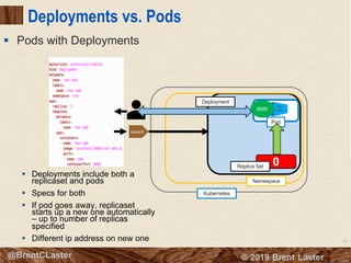 65
© 2018 Brent Laster@BrentCLaster
Deployments vs. Pods
§ Pods with Deployments
Pod
Kubernetes
Namespace
80808080
kubectl
Deployment
10Replica Set
§ Deployments include both a
replicaset and pods
§ Specs for both
§ If pod goes away, replicaset
starts up a new one automatically
– up to number of replicas
specified
§ Different ip address on new one
 