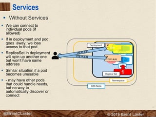 67
© 2018 Brent Laster@BrentCLaster
Services
§ Without Services
Pod
K8S Node
Namespace
8080
Deployment
2
Pod
8080
IP
172.17.0.21
IP
172.17.0.228080
IP
172.17.0.23
172.17.0.22
172.17.0.21
8080
1Replica Set
§ We can connect to
individual pods (if
allowed)
§ If in deployment and pod
goes away, we lose
access to that pod
§ ReplicaSet in deployment
will spin up another one
but won’t have same
address
§ Similar situation if a pod
becomes unusable
§ - may have other pods
that could handle needs,
but no way to
automatically discover or
connect
 
