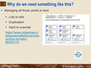 76
© 2018 Brent Laster@BrentCLaster
Why do we need something like this?
§ Lots to edit
§ Duplication
§ Hard to override
https://www.slideshare.n
et/jeevachelladhurai/intro
duction-to-helm-
88350170
§ Managing all those yamls is hard
 