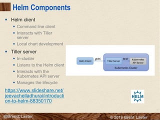 77
© 2018 Brent Laster@BrentCLaster
Helm Components
§ Helm client
§ Command line client
§ Interacts with Tiller
server
§ Local chart development
§ Tiller server
§ In-cluster
§ Listens to the Helm client
§ Interacts with the
Kubernetes API server
§ Manages the lifecycle
https://www.slideshare.net/
jeevachelladhurai/introducti
on-to-helm-88350170
 